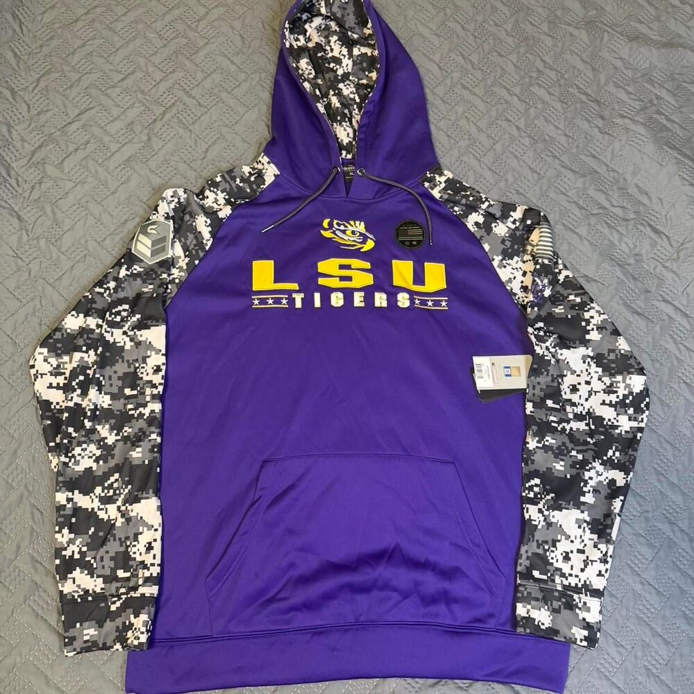 LSU Tigers Embroidered College Hoodie with camo sleeves NWT Size XL Sports